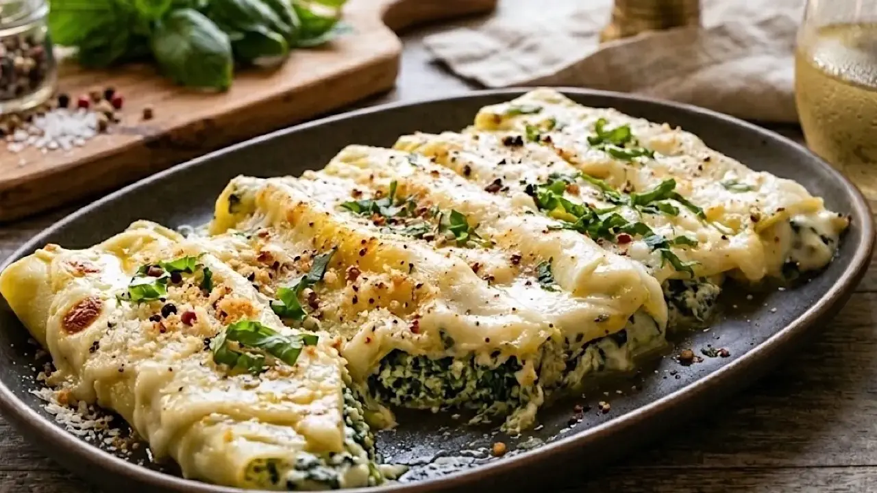 Herzhafte Cannelloni mit Spinatfüllung, überbacken mit cremiger Käsesauce und garniert mit frischen Kräutern. Ein Genuss!