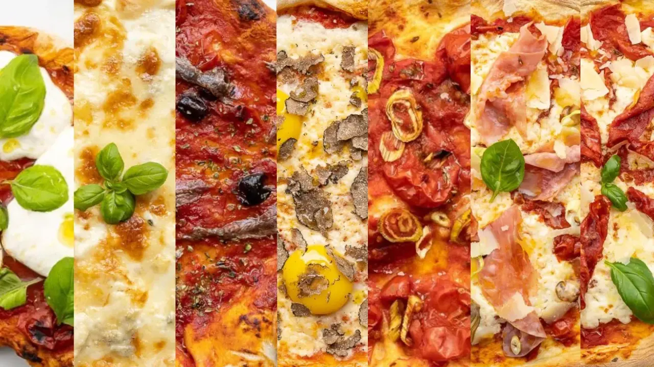 Sechs köstliche Pizza-Kombinationen: Margherita, Sardellen, Trüffel, Tomaten, Prosciutto und getrocknete Tomaten.