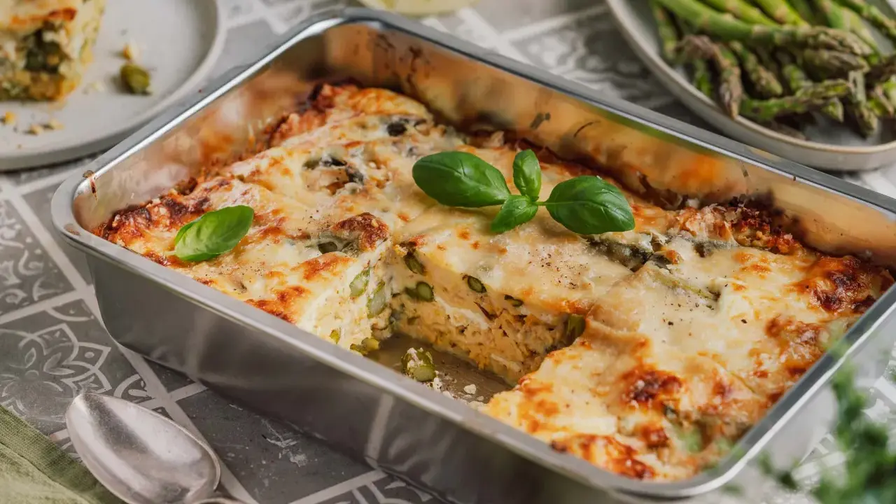 Herzhafte Spargel Lasagne mit geschmolzenem Käse, garniert mit frischem Basilikum. Ein Genuss für jeden Gaumen.