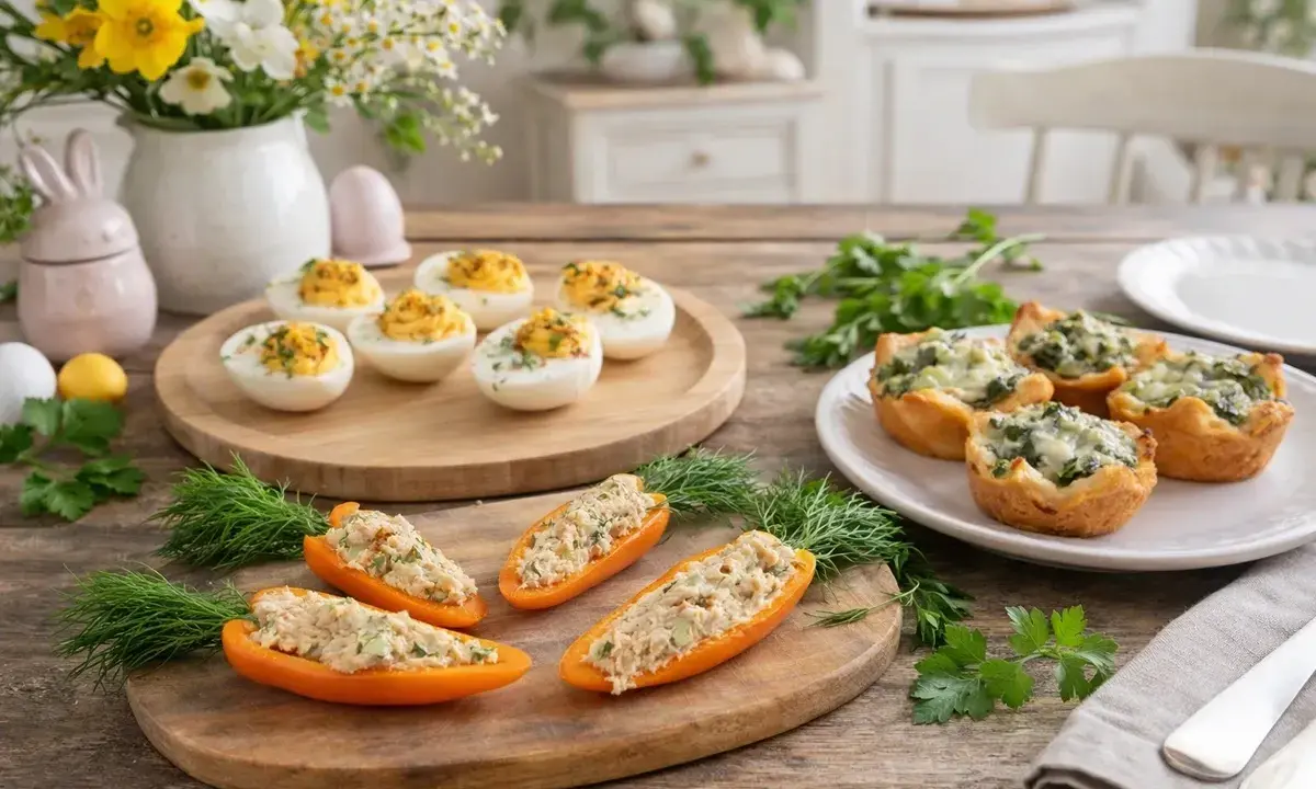 Leckere Vorspeise Ostern: Gefüllte Paprika, gefüllte Eier und herzhafte Törtchen auf einem Holztisch, dekoriert mit Kräutern und Osterhasen.