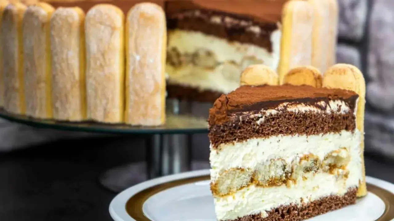 Ein Stück Tiramisu Torte mit Löffelbiskuits und Kakao bestäubt.