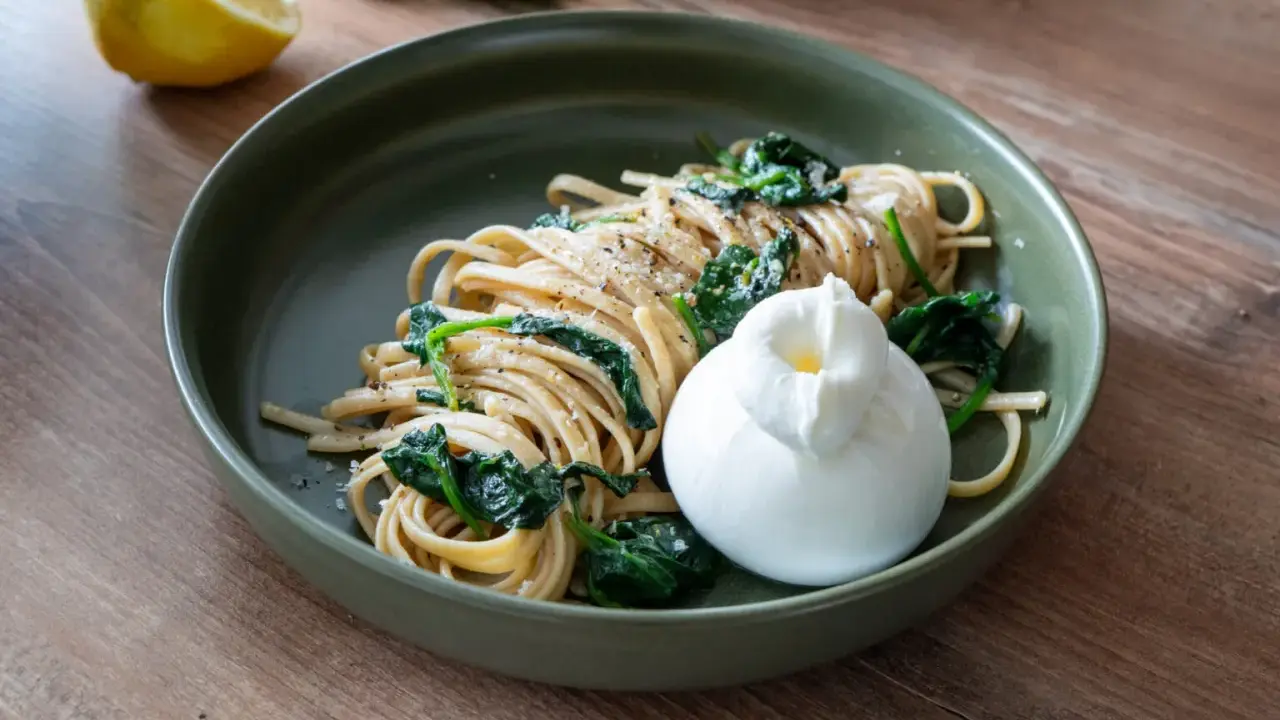 Pasta al limone mit Spinat und cremiger Burrata. Ein Hauch Zitrone und frischer Spinat treffen auf zarte Pasta und eine Kugel Burrata.
