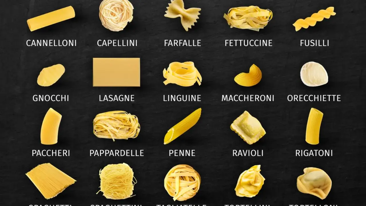 Vielfalt an Nudelsorten: von langen Cannelloni bis zu kleinen Nudeln wie Capellini und Tortellini.