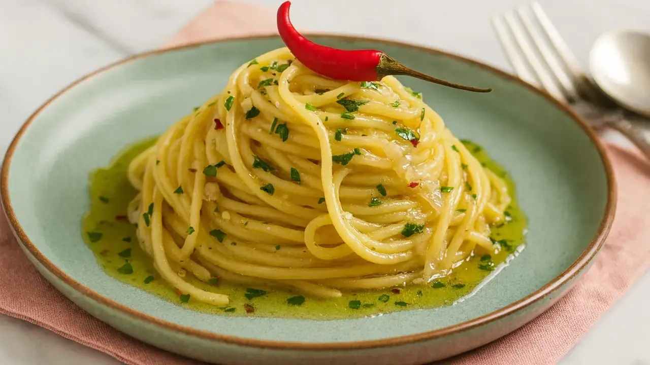 Ein Berg aus Spaghetti aglio e olio, garniert mit einer roten Chilischote und frischer Petersilie, auf einem mintgrünen Teller.