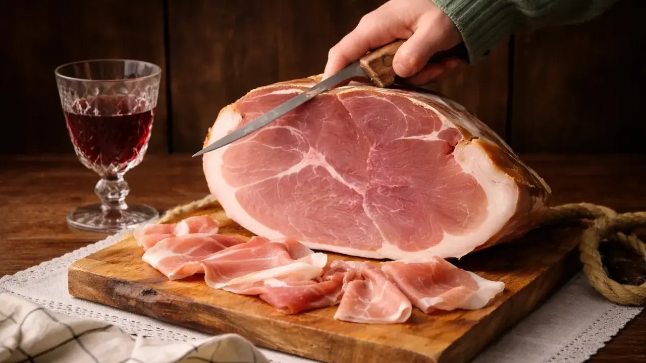 Ein Messer schneidet hauchdünne Scheiben von einem ganzen Schinken, **prosciutto crudo**, auf einem Holzbrett. Daneben ein Glas Rotwein.