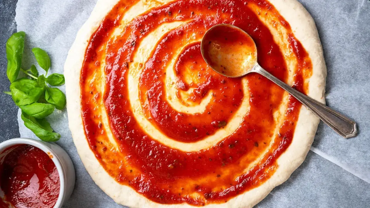 Eine Pizza nur mit Tomatensauce wird mit einer Löffelspirale belegt. Frisches Basilikum liegt daneben.