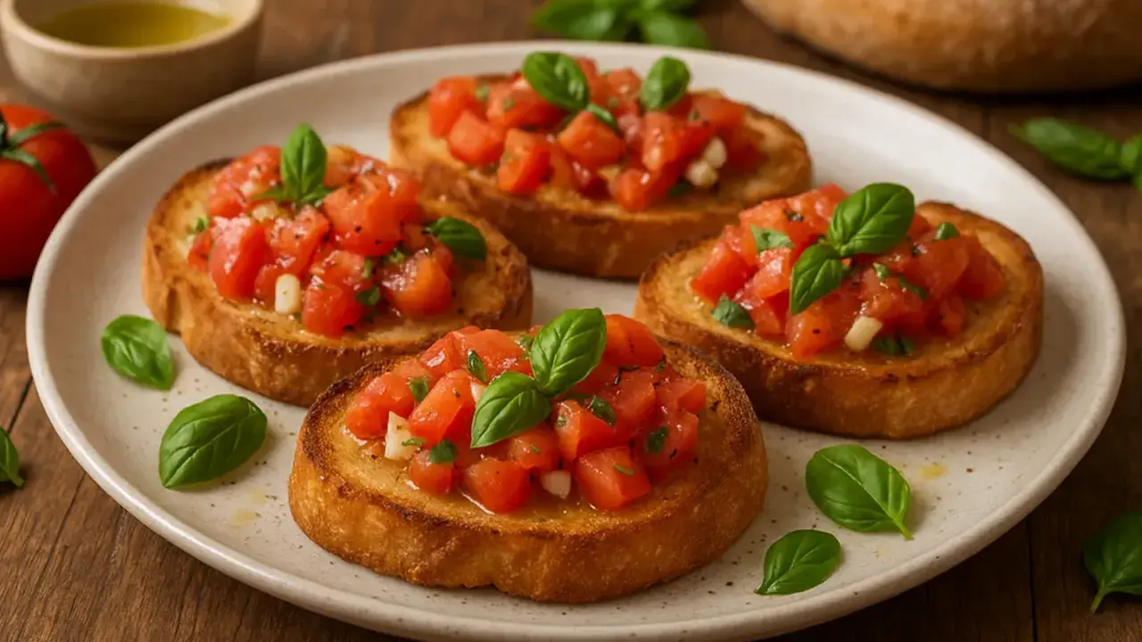 Vier knusprige Bruschetta-Scheiben mit frischen Tomaten, Knoblauch und Basilikum. Ein einfaches bruschetta rezept für den Sommer.