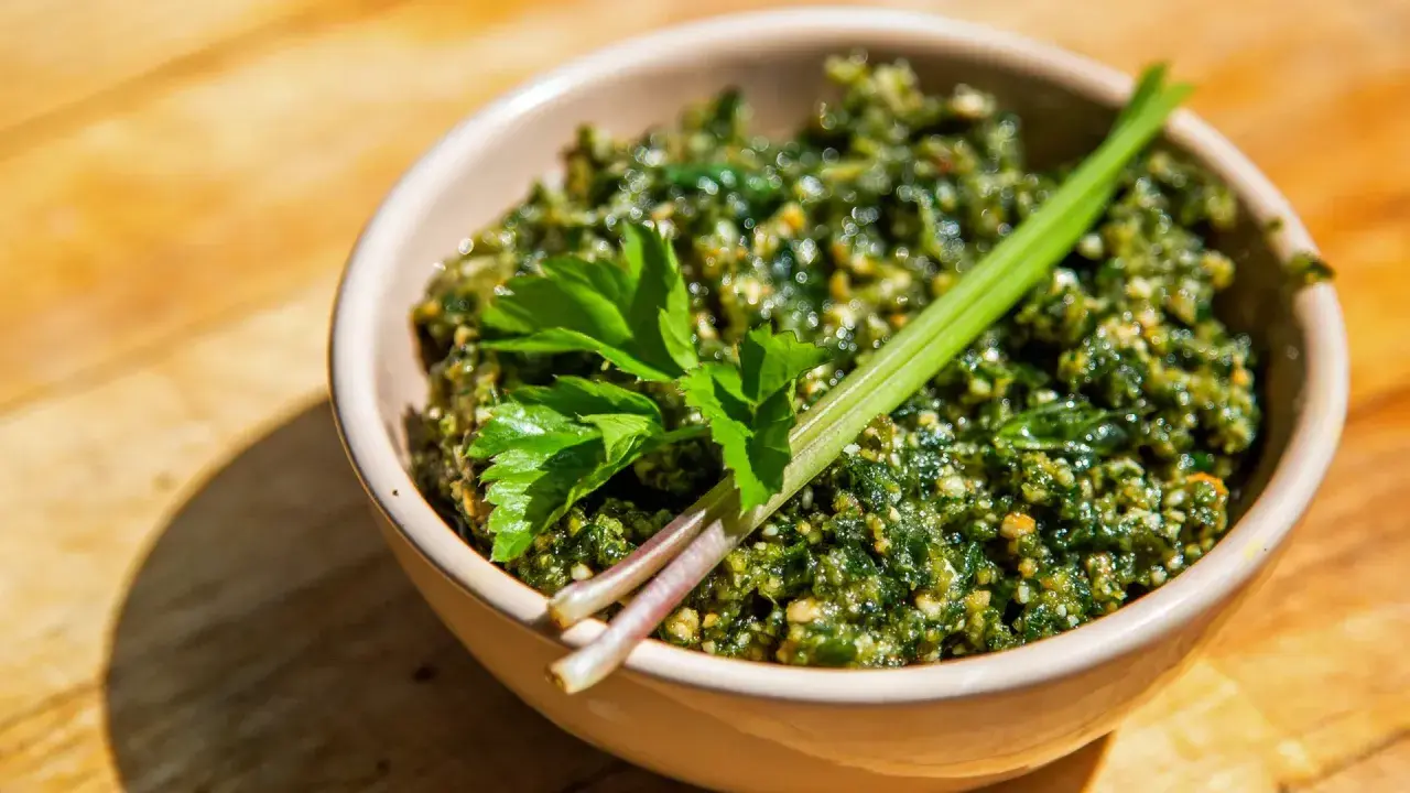 Schüssel mit würzigem Giersch Pesto, garniert mit frischen Kräutern auf Holzhintergrund.