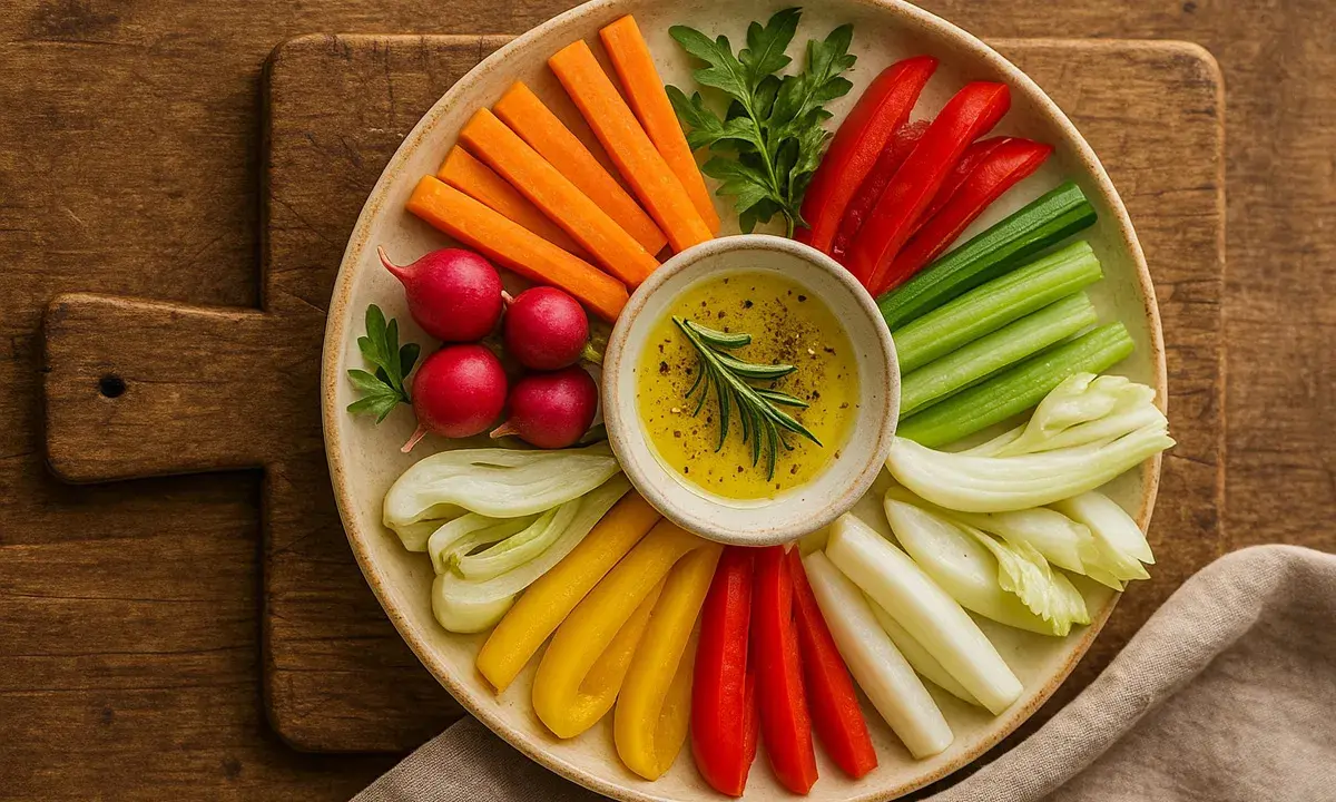 Bunte Gemüsesticks (Karotten, Paprika, Sellerie, Radieschen) mit Dip – tolle Vorspeisen Ideen für jeden Anlass.