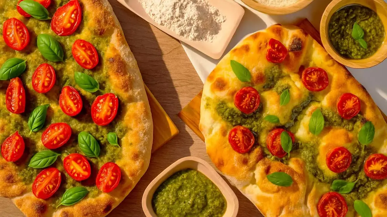 Zwei knusprige Pizzen mit leuchtend grünem Pesto, Kirschtomaten und frischem Basilikum. Daneben Schüsseln mit Pesto und Parmesan.