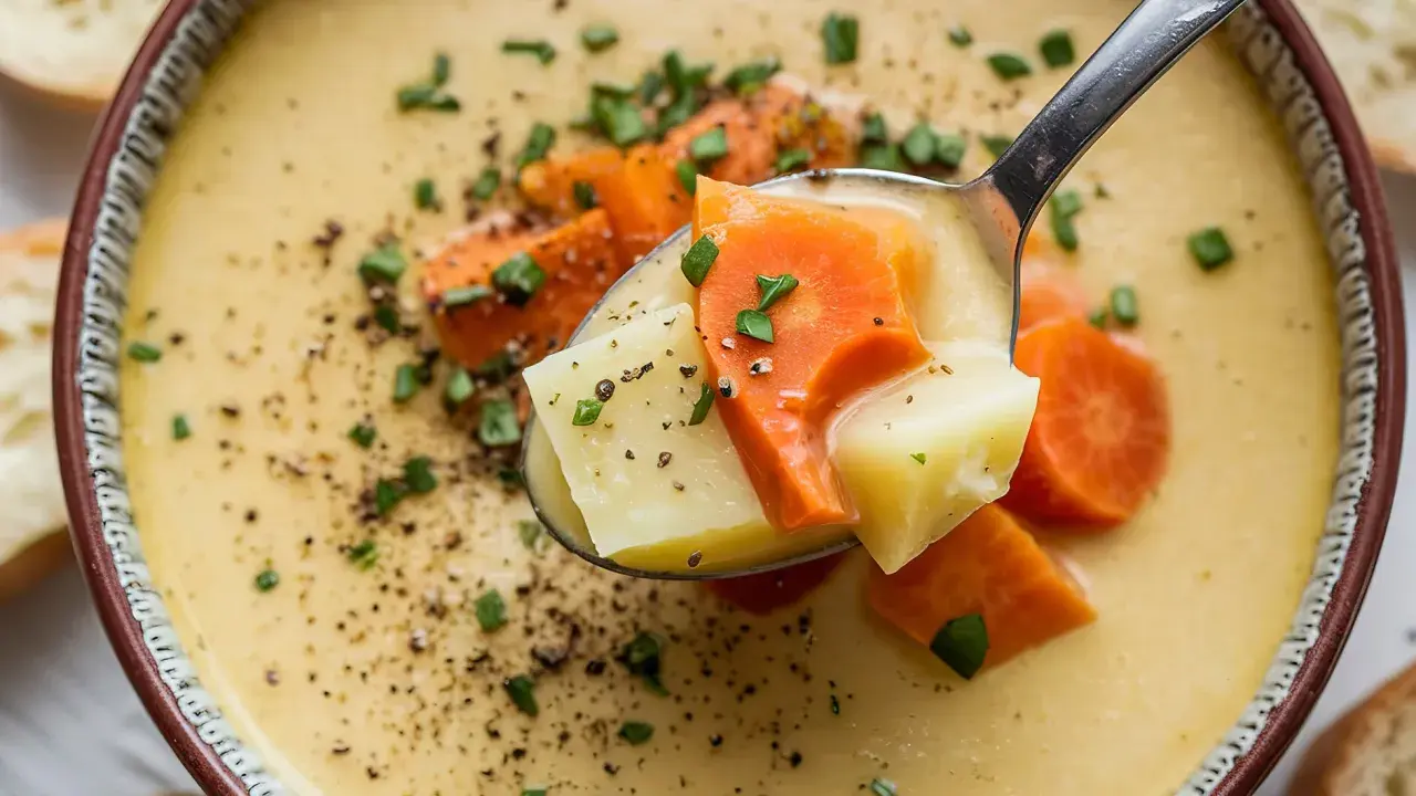 Eine Löffelportion Pastina Suppe mit Karotten und Kartoffeln, garniert mit Schnittlauch und Pfeffer.