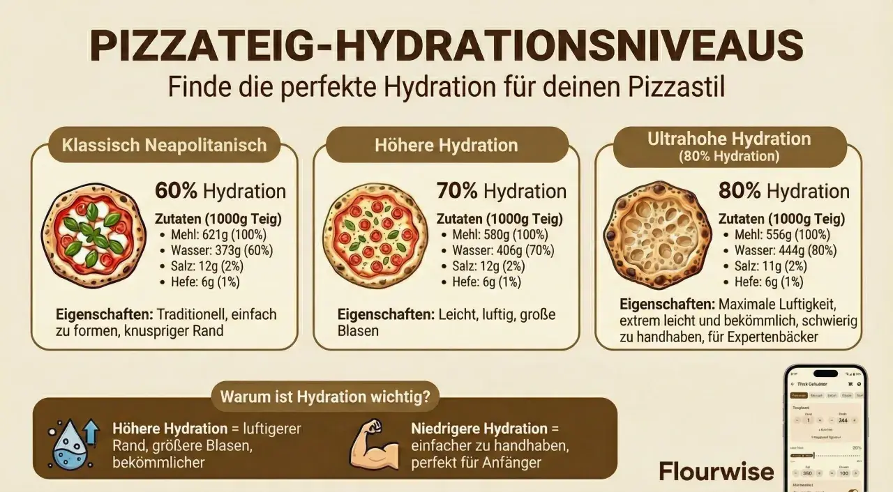 Vergleich von Pizzateig-Hydrationen: 60% (klassisch), 70% (höher) und 80% (ultrahoch). Jede Sektion zeigt Zutaten, inkl. Hefe, und Eigenschaften.