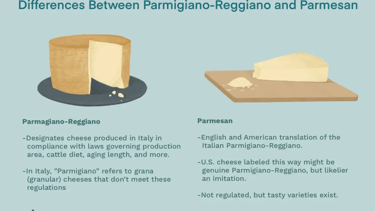 Parmigiano Reggiano vs Parmesan: Ein ganzer Laib und ein Stück Käse zeigen die Unterschiede. Parmigiano ist italienisch, Parmesan oft eine Nachahmung.