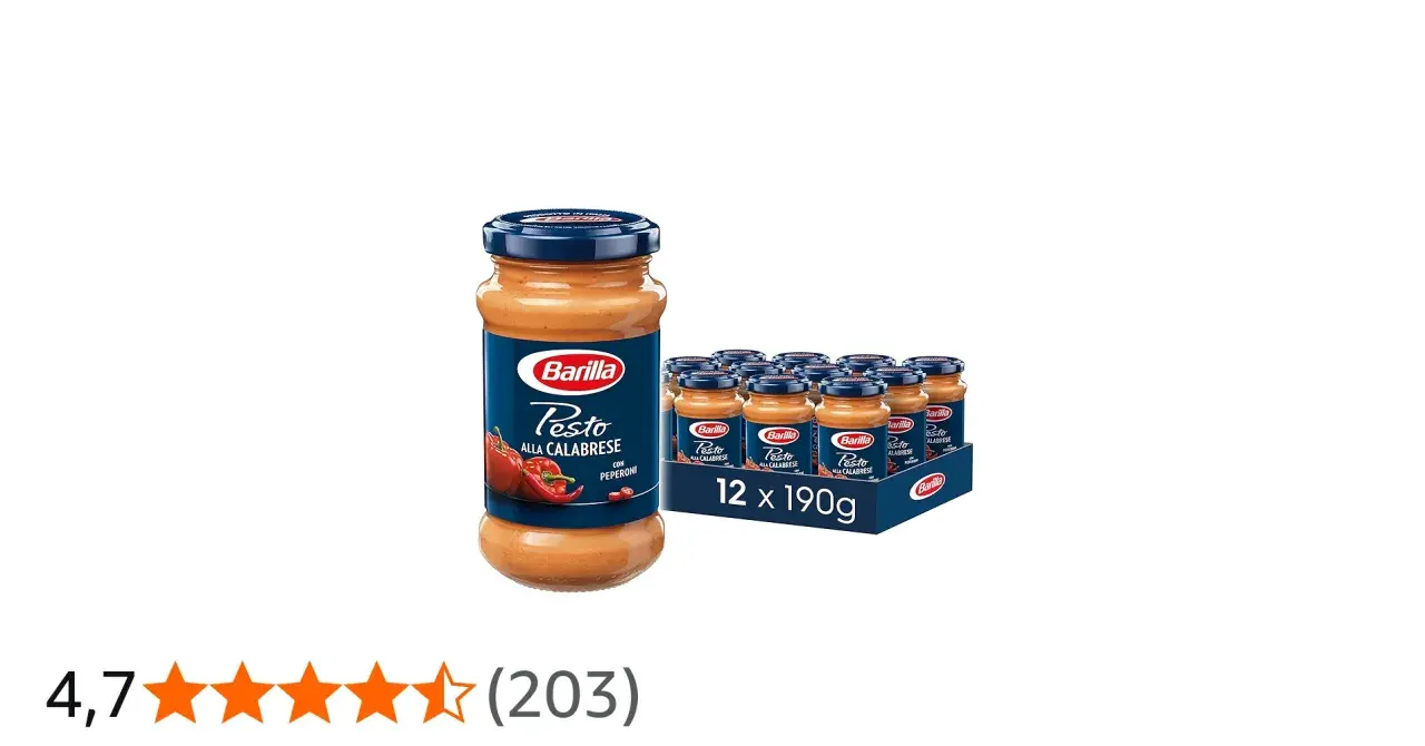 Barilla Pesto alla Calabrese mit Peperoni, ein Glas und eine Packung mit 12 Gläsern.