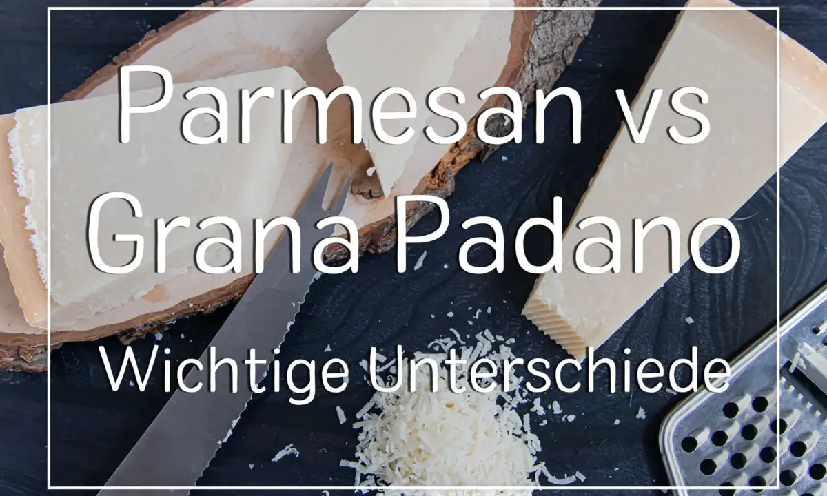 Parmesan vs. Grana Padano: Zwei italienische Hartkäse im Vergleich. Hier siehst du Stücke von Parmesan und Grana Padano, ein Messer und eine Reibe.