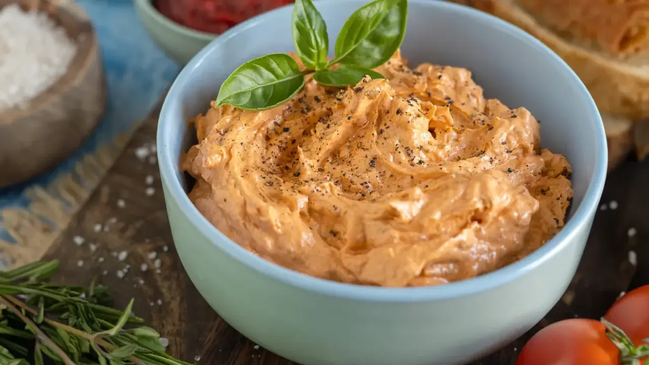 Cremige Tomatenbutter, perfekt für Ihr nächstes Tomatenbutter Rezept. Mit frischem Basilikum garniert und mit Pfeffer bestreut.