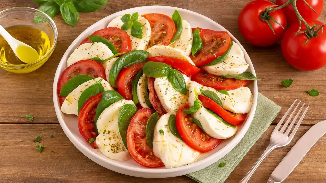Ein köstlicher Tomate Mozzarella Salat, kunstvoll arrangiert mit frischem Basilikum und beträufelt mit Olivenöl.