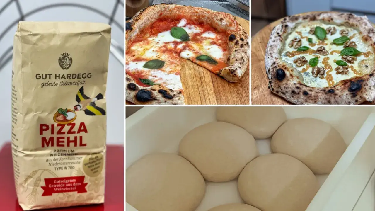 GUT HARDEGG Pizza Mehl, ideal für perfekte Pizzen. Daneben zwei leckere Pizzen und Teiglinge.
