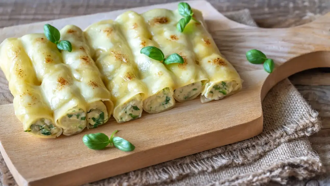 Gebackene Cannelloni mit einer cremigen Füllung und frischem Basilikum, ein köstliches Cannelloni Rezept.