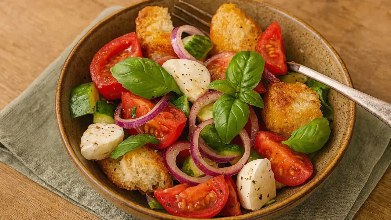 Ein köstlicher italienischer Salat mit Tomaten, Mozzarella, Gurken, roten Zwiebeln und Croutons, garniert mit frischem Basilikum.