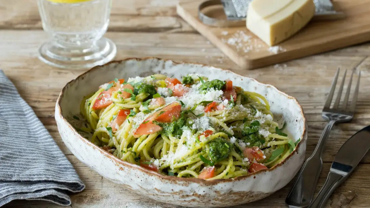 Spaghetti mit frischem Sauerampfer Pesto, Tomatenstücken und geriebenem Parmesan. Ein erfrischendes Gericht, das Lust auf mehr macht.