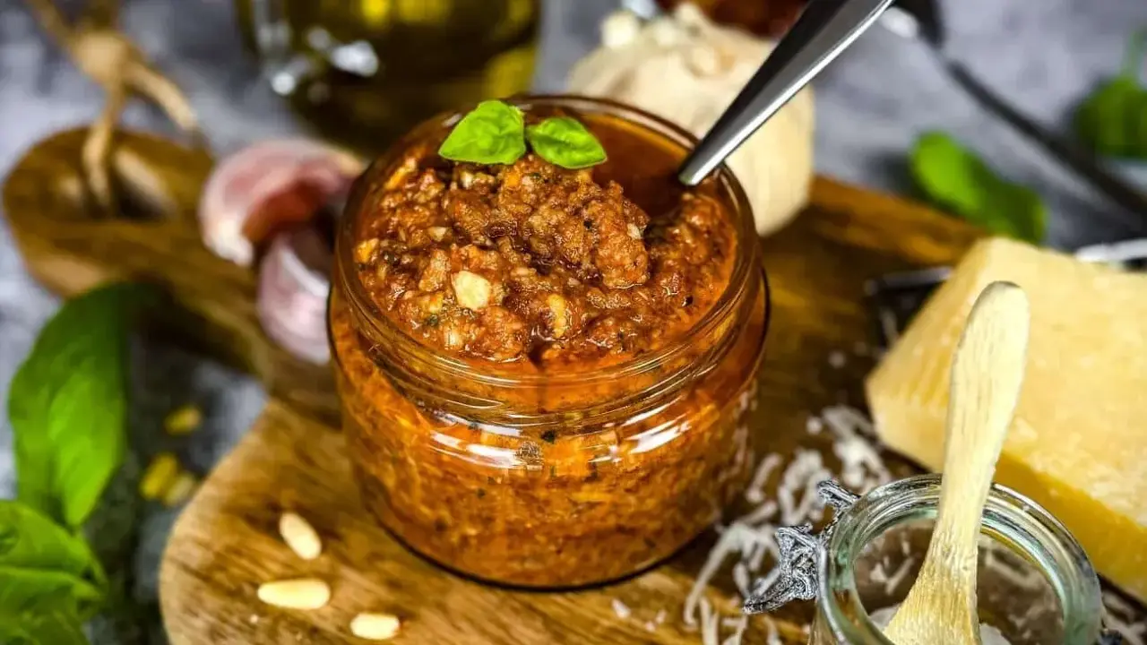 Ein Glas mit rustikalem Balsamico Pesto, garniert mit Basilikum. Daneben Pinienkerne, Knoblauch und Parmesan.