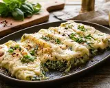 Herzhafte Cannelloni mit Spinatfüllung, überbacken mit cremiger Käsesauce und garniert mit frischen Kräutern. Ein Genuss!