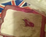 Roter Behälter mit self-raising flour deutsch und einer rosa Schaufel.