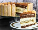 Ein Stück Tiramisu Torte mit Löffelbiskuits und Kakao bestäubt.