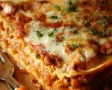 Ein Stück Lasagne mit Hackfleisch, geschmolzenem Käse und Kräutern. Perfekt für ein leckeres Lasagne Rezept mit Hackfleisch.