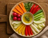 Bunte Gemüsesticks (Karotten, Paprika, Sellerie, Radieschen) mit Dip – tolle Vorspeisen Ideen für jeden Anlass.