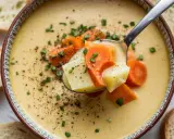 Eine Löffelportion Pastina Suppe mit Karotten und Kartoffeln, garniert mit Schnittlauch und Pfeffer.