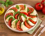 Ein köstlicher Tomate Mozzarella Salat, kunstvoll arrangiert mit frischem Basilikum und beträufelt mit Olivenöl.