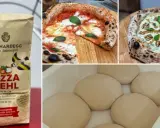 GUT HARDEGG Pizza Mehl, ideal für perfekte Pizzen. Daneben zwei leckere Pizzen und Teiglinge.