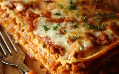 Ein Stück Lasagne mit Hackfleisch, geschmolzenem Käse und Kräutern. Perfekt für ein leckeres Lasagne Rezept mit Hackfleisch.