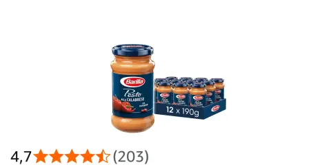 Barilla Pesto alla Calabrese mit Peperoni, ein Glas und eine Packung mit 12 Gläsern.