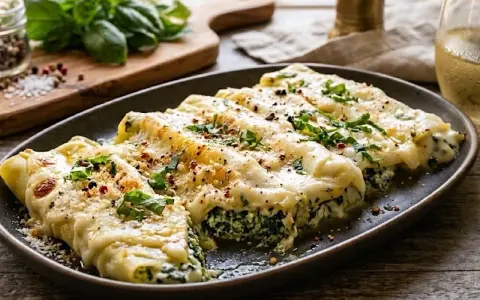 Herzhafte Cannelloni mit Spinatfüllung, überbacken mit cremiger Käsesauce und garniert mit frischen Kräutern. Ein Genuss!