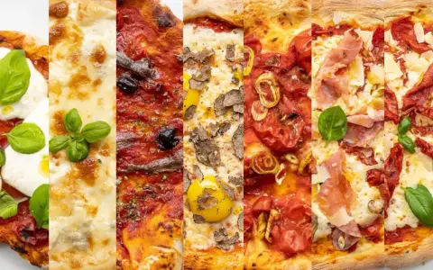 Sechs köstliche Pizza-Kombinationen: Margherita, Sardellen, Trüffel, Tomaten, Prosciutto und getrocknete Tomaten.
