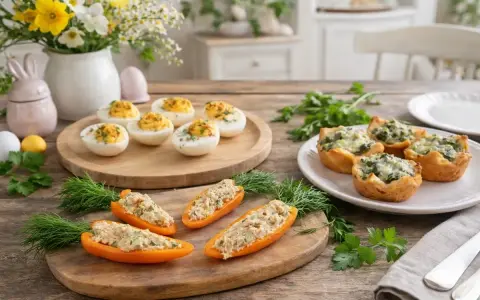 Leckere Vorspeise Ostern: Gefüllte Paprika, gefüllte Eier und herzhafte Törtchen auf einem Holztisch, dekoriert mit Kräutern und Osterhasen.
