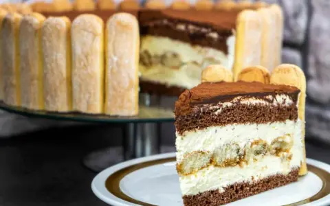 Ein Stück Tiramisu Torte mit Löffelbiskuits und Kakao bestäubt.