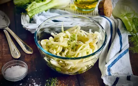 Frischer Fenchel Salat in einer Glasschüssel, garniert mit Dill. Daneben liegen Löffel und eine kleine Schale mit Salz.