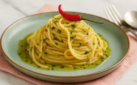 Ein Berg aus Spaghetti aglio e olio, garniert mit einer roten Chilischote und frischer Petersilie, auf einem mintgrünen Teller.