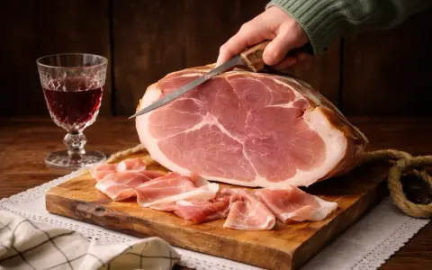 Ein Messer schneidet hauchdünne Scheiben von einem ganzen Schinken, **prosciutto crudo**, auf einem Holzbrett. Daneben ein Glas Rotwein.