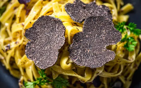 Feine Tagliatelle mit frischen Trüffelscheiben garniert. Ein luxuriöses Gericht, das die Aromen von Trüffel und Pasta vereint.