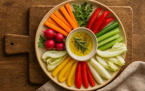 Bunte Gemüsesticks (Karotten, Paprika, Sellerie, Radieschen) mit Dip – tolle Vorspeisen Ideen für jeden Anlass.