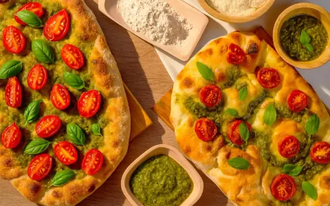 Zwei knusprige Pizzen mit leuchtend grünem Pesto, Kirschtomaten und frischem Basilikum. Daneben Schüsseln mit Pesto und Parmesan.