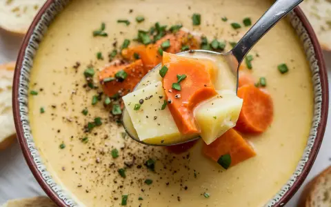 Eine Löffelportion Pastina Suppe mit Karotten und Kartoffeln, garniert mit Schnittlauch und Pfeffer.