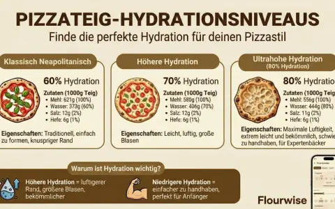 Vergleich von Pizzateig-Hydrationen: 60% (klassisch), 70% (höher) und 80% (ultrahoch). Jede Sektion zeigt Zutaten, inkl. Hefe, und Eigenschaften.