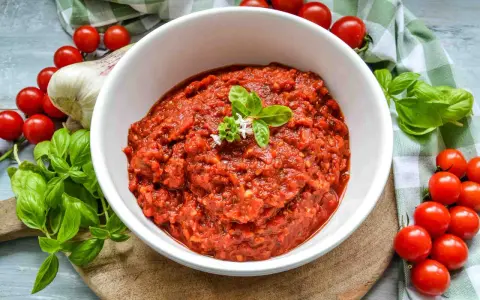 Hausgemachte Pizza Sauce, wie in der Pizzeria, mit frischen Tomaten, Knoblauch und Basilikum.