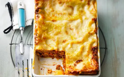 Eine frisch gebackene Lasagne al forno mit goldbraun überbackener Käseschicht, daneben ein Servierheber.